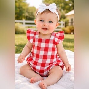 Baby Girl Red White Gingham Ruffle Romper | Summer Picnic Fourth of July